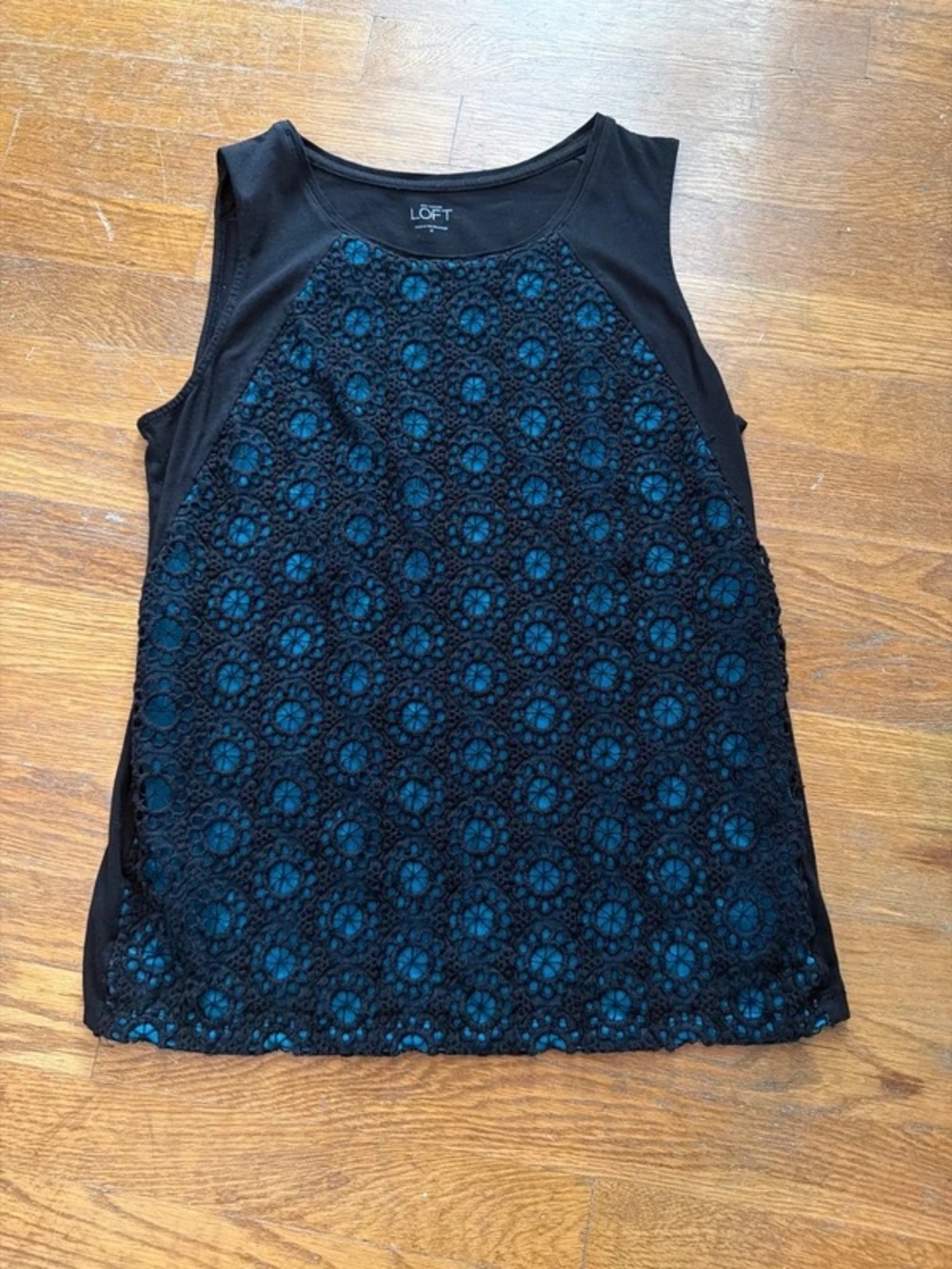 LOFT Black Lace Overlay Tank with Teal Underlay
